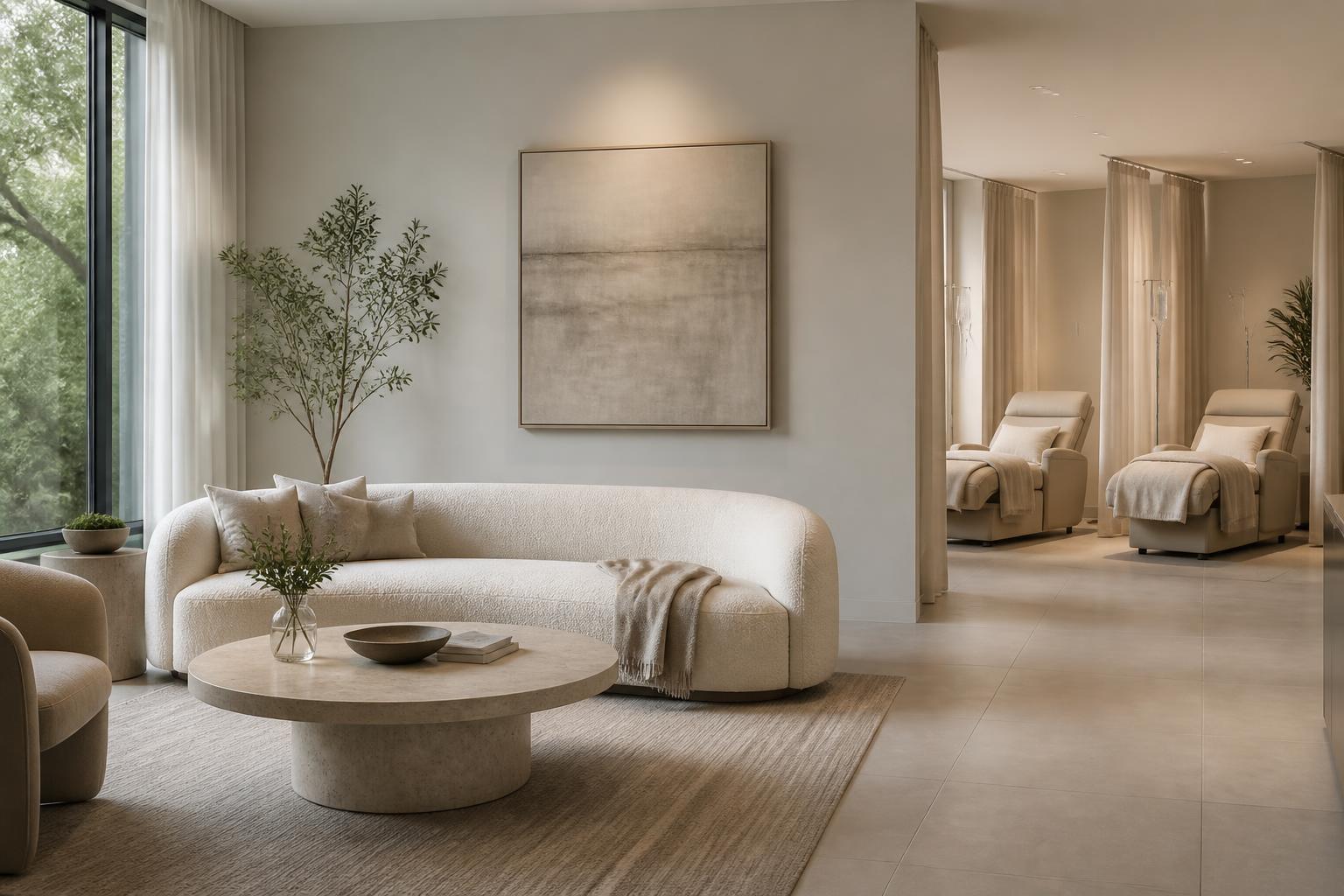 Serene modern wellness clinic interior with calming consultation and recovery spaces.