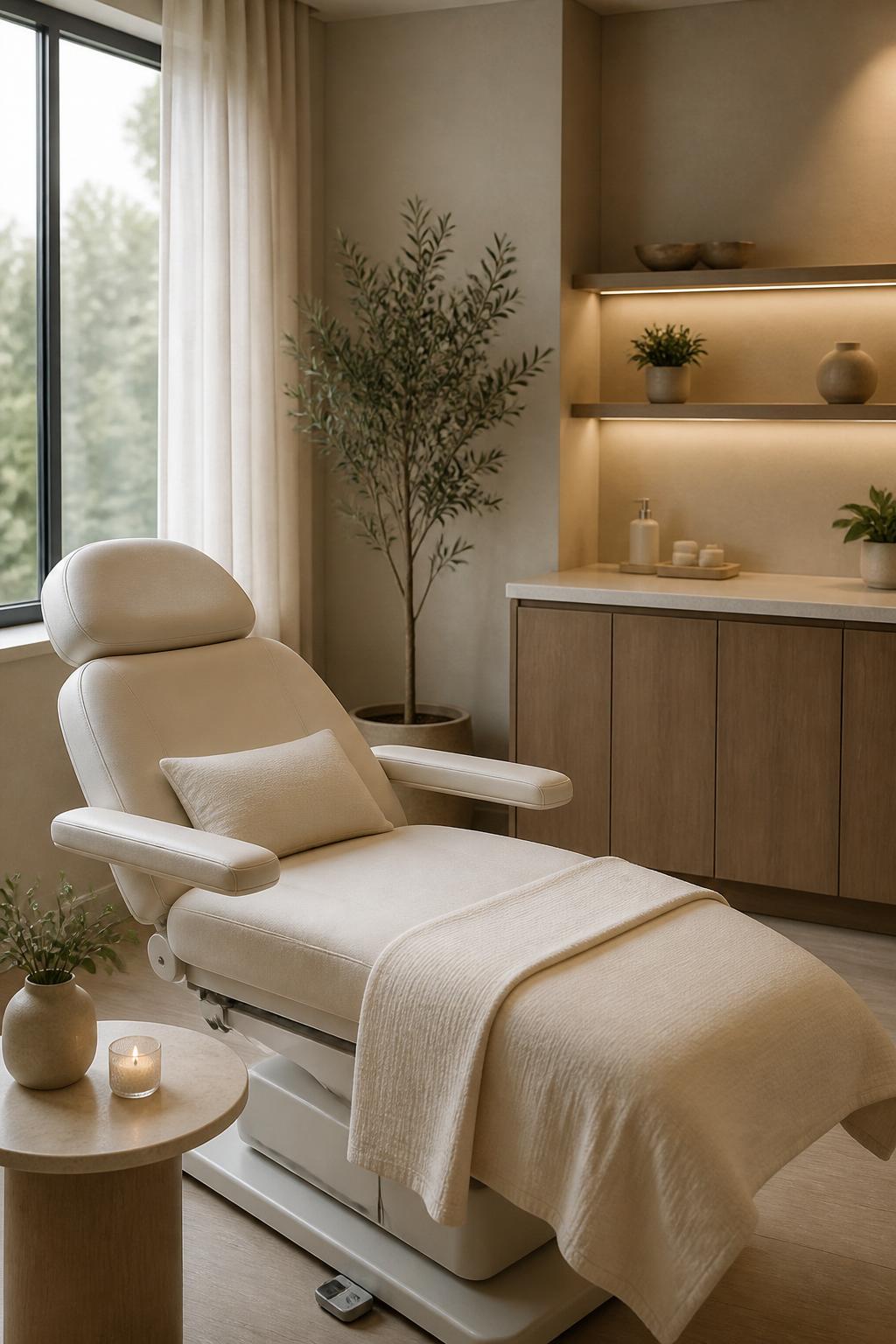 Inviting wellness clinic treatment room with a comfortable chair and soft lighting.